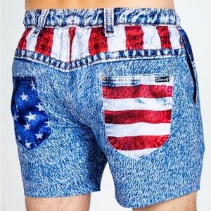 Shinesty The Chattahoochee Daddy USA Flag Faux Denim Swim Trunks Size Medium